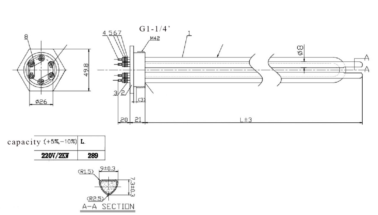 El-varmelegeme 11/4"x 205 mm 2kW t/WTGR - Billede 2